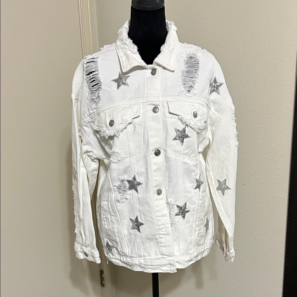 Peach Love California White Jean Jacket with Silver Stars